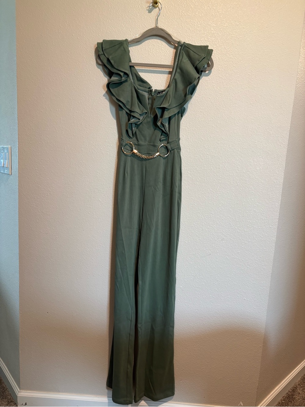 Fashion Nova Olive Green Ruffle Jumpsuit with Chain Belt